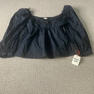 Open Edit Womens Blouse Top Size Large Black Babydoll Cropped Long Sleeves NWT